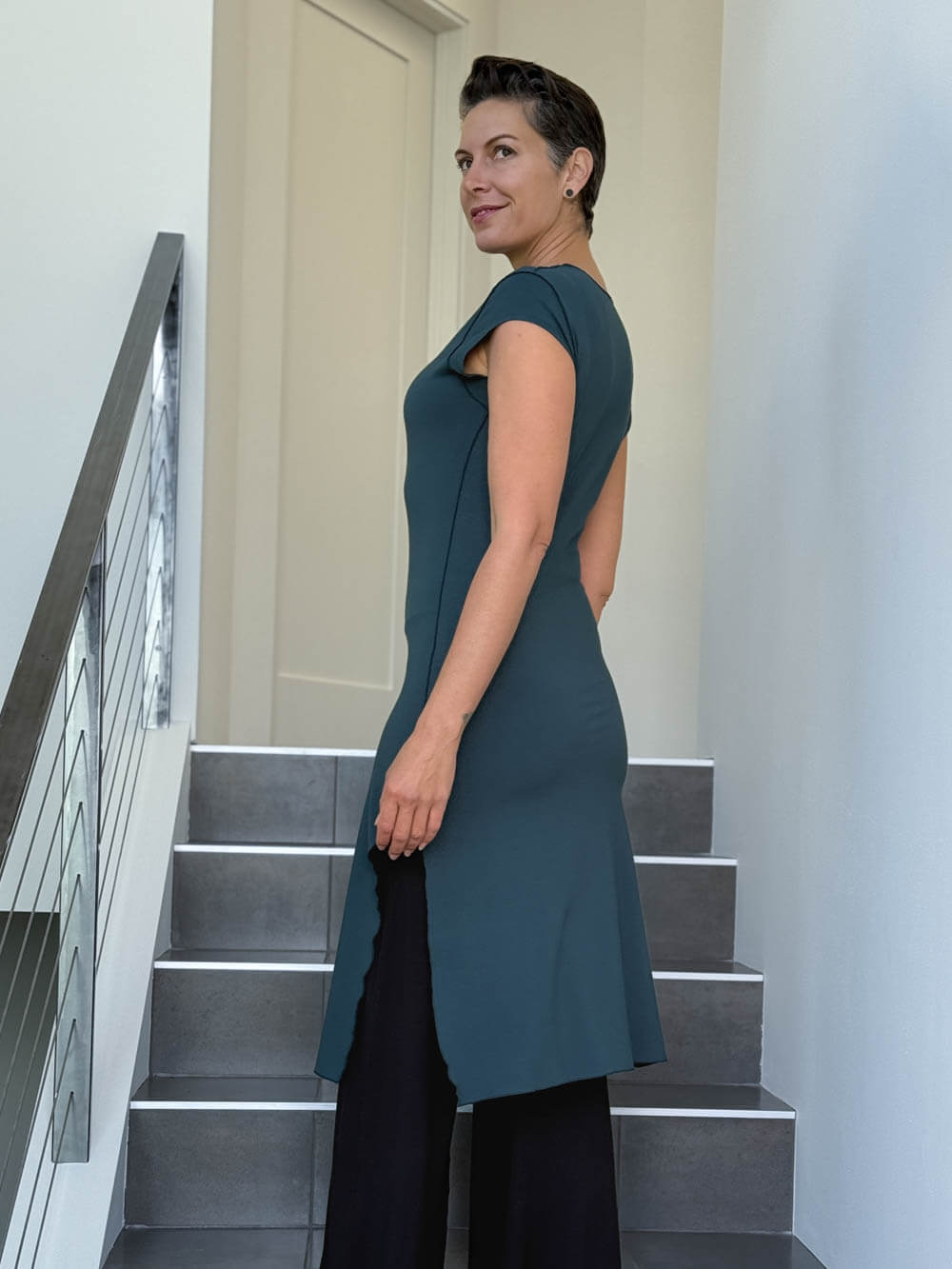 caraucci high neck cap sleeve teal blue double slit tunic dress #color_teal
