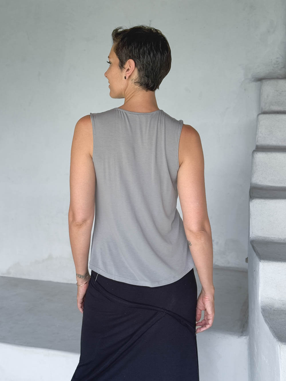 carrie top carrie top caraucci women's lightweight rayon jersey light grey draped neck tank top #color_stone
