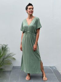 caraucci cotton v-neck loose fit short sleeve sage green dress with drawstring waist #color_matcha