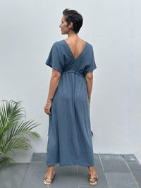 caraucci cotton v-neck loose fit short sleeve blue dress with drawstring waist #color_pacific