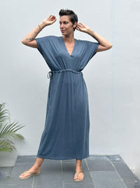 caraucci cotton v-neck loose fit short sleeve blue dress with drawstring waist #color_pacific