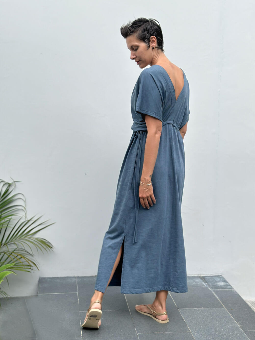 caraucci cotton v-neck loose fit short sleeve blue dress with drawstring waist #color_pacific