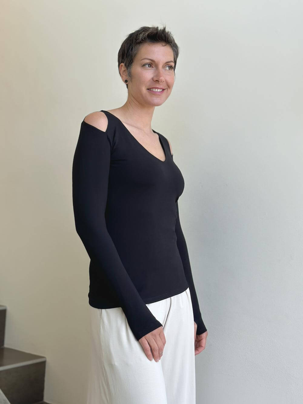 black cold shoulder top long sleeve