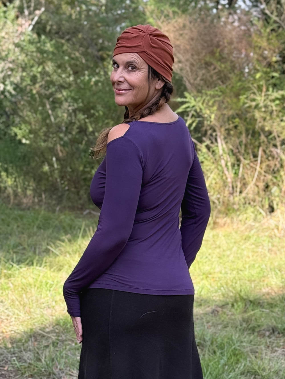 caraucci purple long sleeve cold shoulder top with thumbholes #color_plum