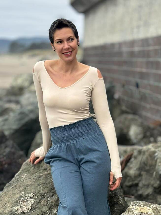 caraucci cream long sleeve cold shoulder top with thumbholes #color_cream