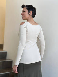 caraucci cream long sleeve cold shoulder top with thumbholes #color_cream