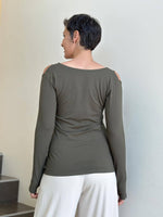 caraucci khaki green long sleeve cold shoulder top with thumbholes #color_forest