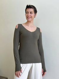 caraucci army green long sleeve cold shoulder top with thumbholes #color_forest