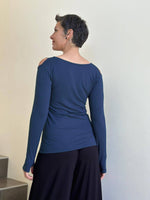 caraucci navy blue long sleeve cold shoulder top with thumbholes #color_navy