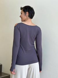 caraucci steel grey long sleeve cold shoulder top with thumbholes #color_steel