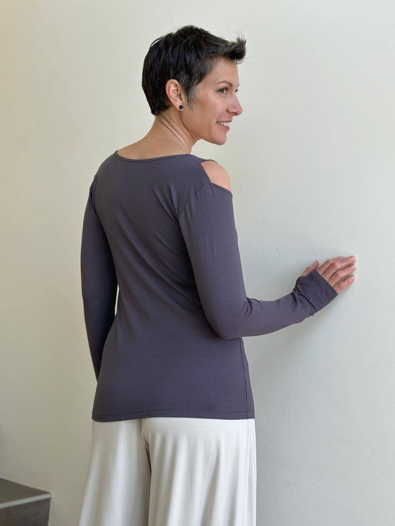caraucci steel grey long sleeve cold shoulder top with thumbholes #color_steel