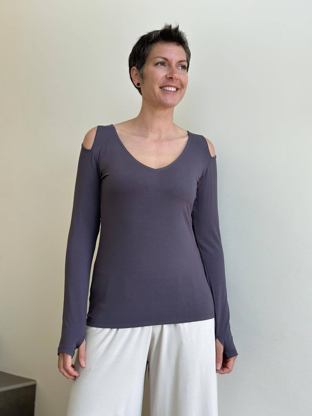 caraucci steel gray long sleeve cold shoulder top with thumbholes #color_steel
