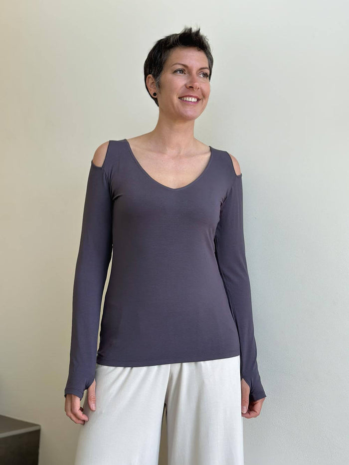 caraucci steel grey long sleeve cold shoulder top with thumbholes #color_steel