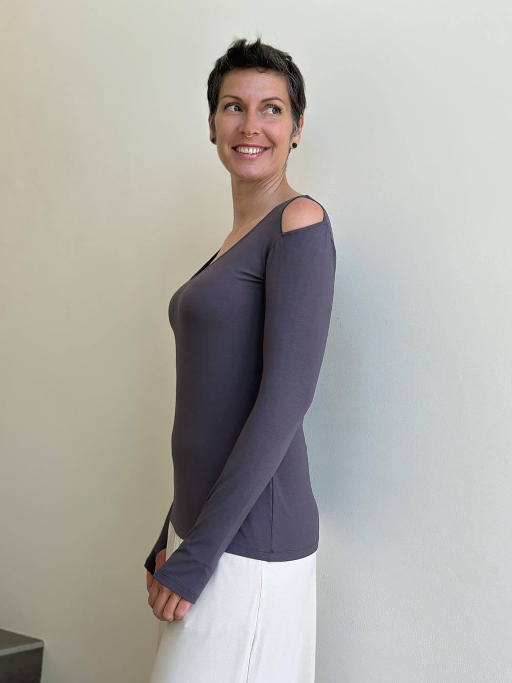 caraucci steel grey long sleeve cold shoulder top with thumbholes #color_steel