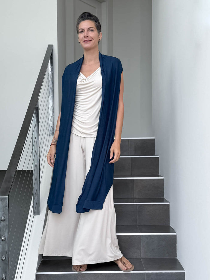 caraucci lightweight rayon jersey convertible navy blue wrap vest can be worn multiple ways #color_navy