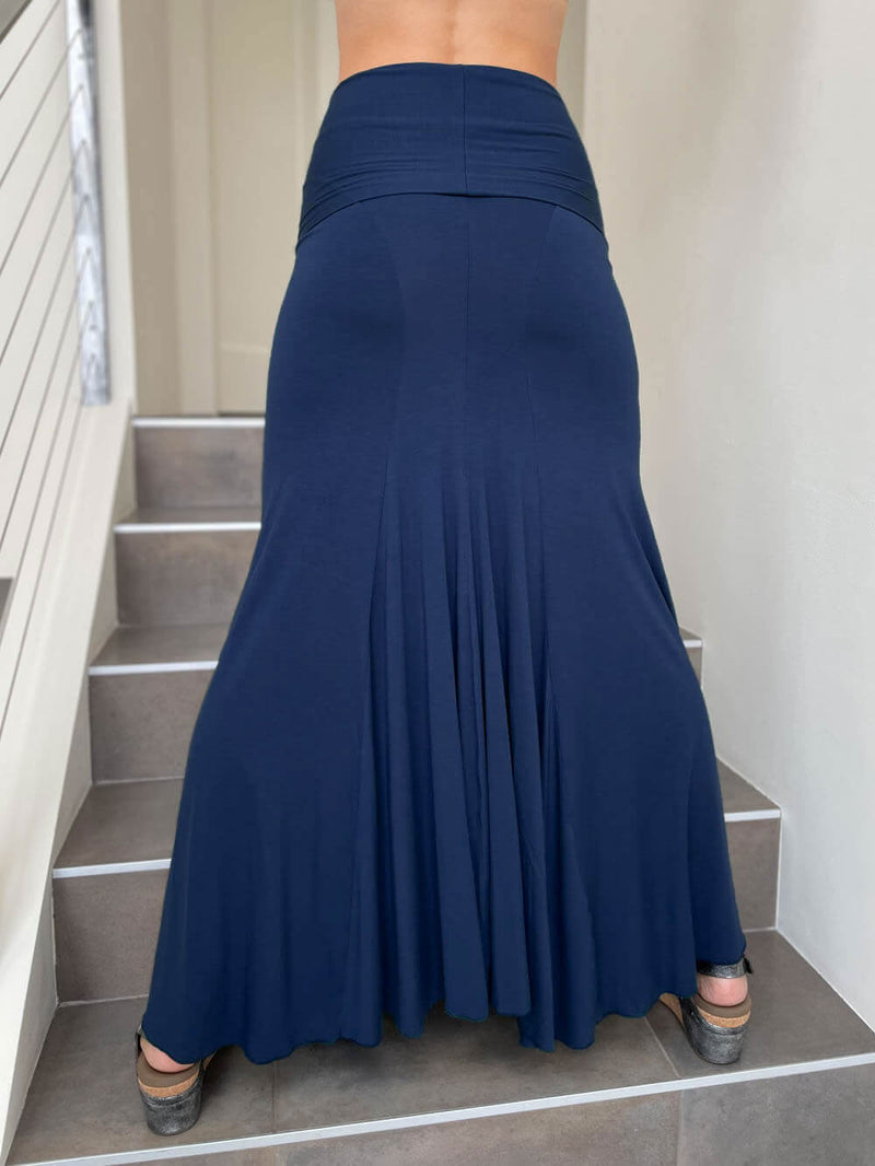 women's plant based rayon jersey stretchy navy blue hourglass convertible maxi skirt and dress #color_navy