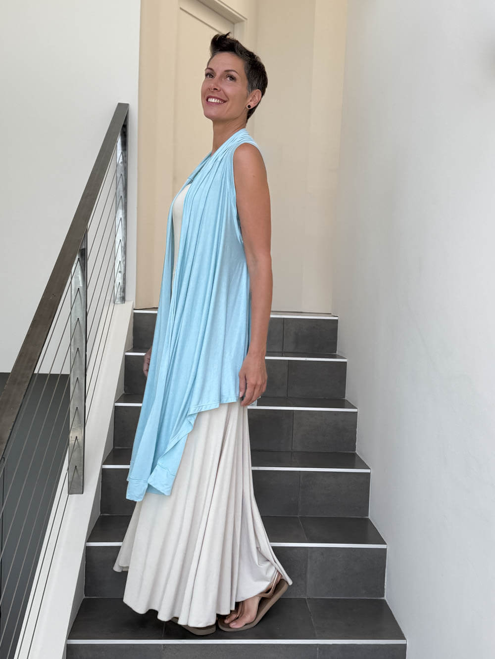 caraucci lightweight rayon jersey convertible light blue wrap vest can be worn multiple ways #color_canal-blue