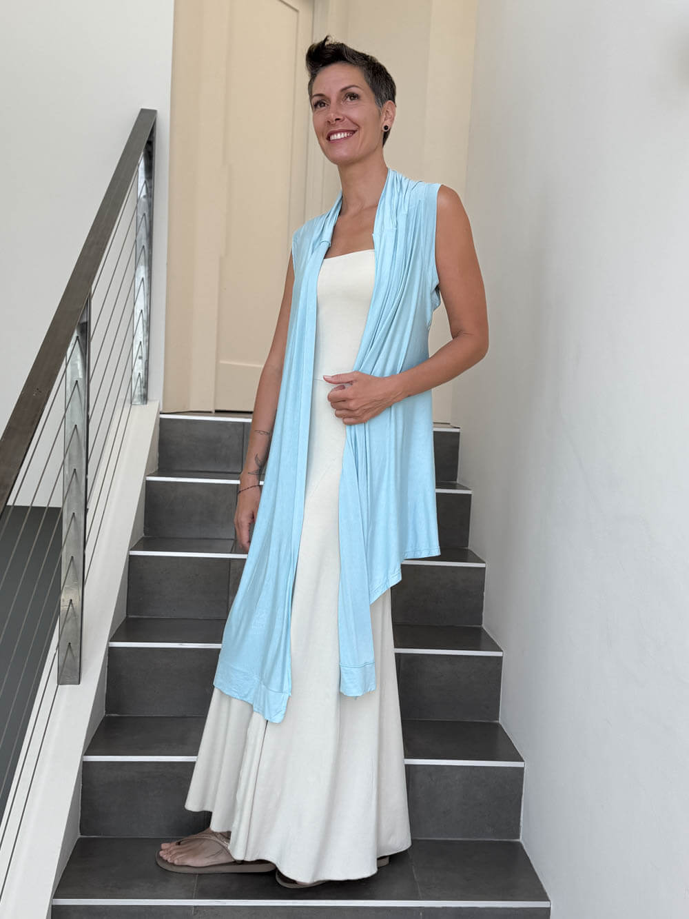 caraucci lightweight rayon jersey convertible light blue wrap vest can be worn multiple ways #color_canal-blue