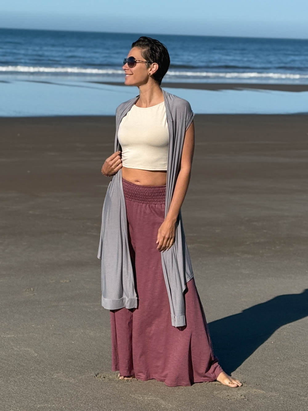 caraucci lightweight rayon jersey convertible gray wrap vest can be worn multiple ways #color_stone