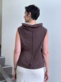 Back view of CARAUCCI Cotton Cowl Neck Tank in cocoa brown with draped neckline, center seam detail and cream skirt. #color_cocoa