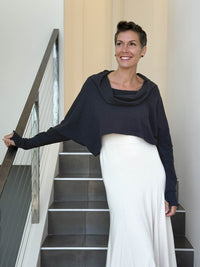 caraucci cotton long dolman sleeve black cowl neck cropped top #color_black