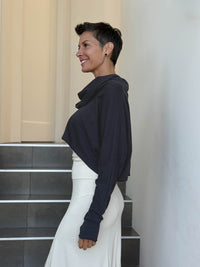 caraucci cotton long dolman sleeve black cowl neck cropped top #color_black