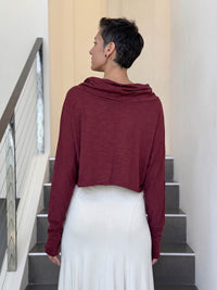 caraucci maroon cotton long dolman sleeve cowl neck cropped top #color_brick