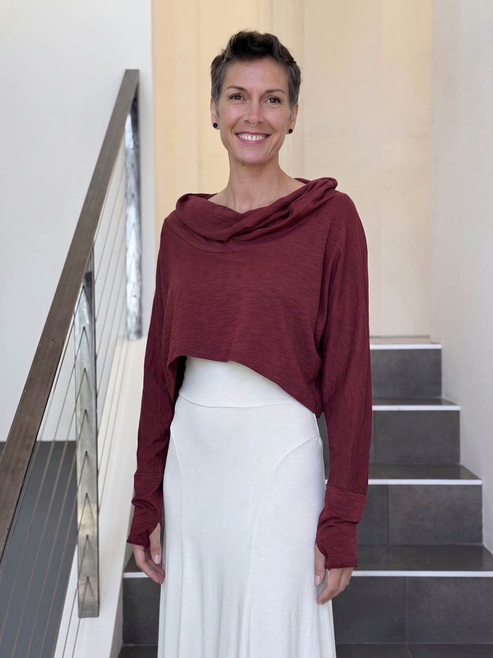 caraucci maroon cotton long dolman sleeve cowl neck cropped top #color_brick