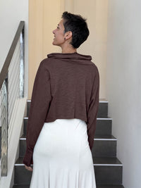 caraucci brown cotton long dolman sleeve cowl neck cropped top #color_cocoa