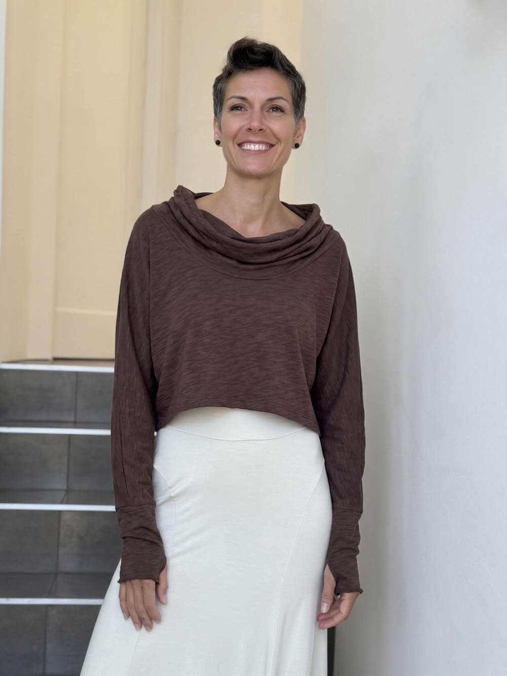caraucci brown cotton long dolman sleeve cowl neck cropped top #color_cocoa