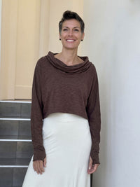 caraucci brown cotton long dolman sleeve cowl neck cropped top #color_cocoa