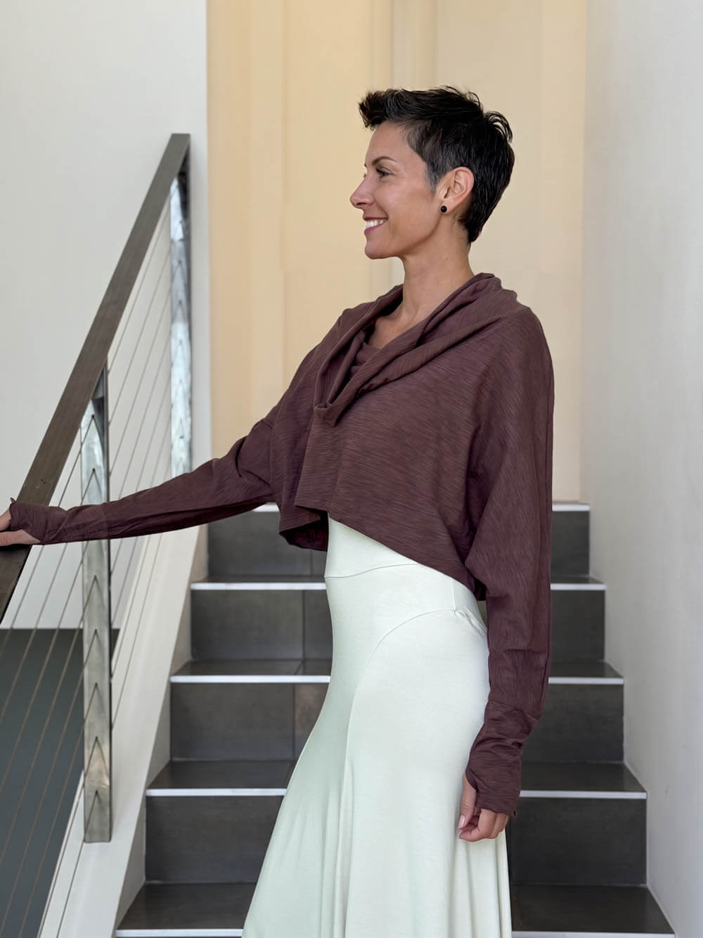 caraucci brown cotton long dolman sleeve cowl neck cropped top #color_cocoa