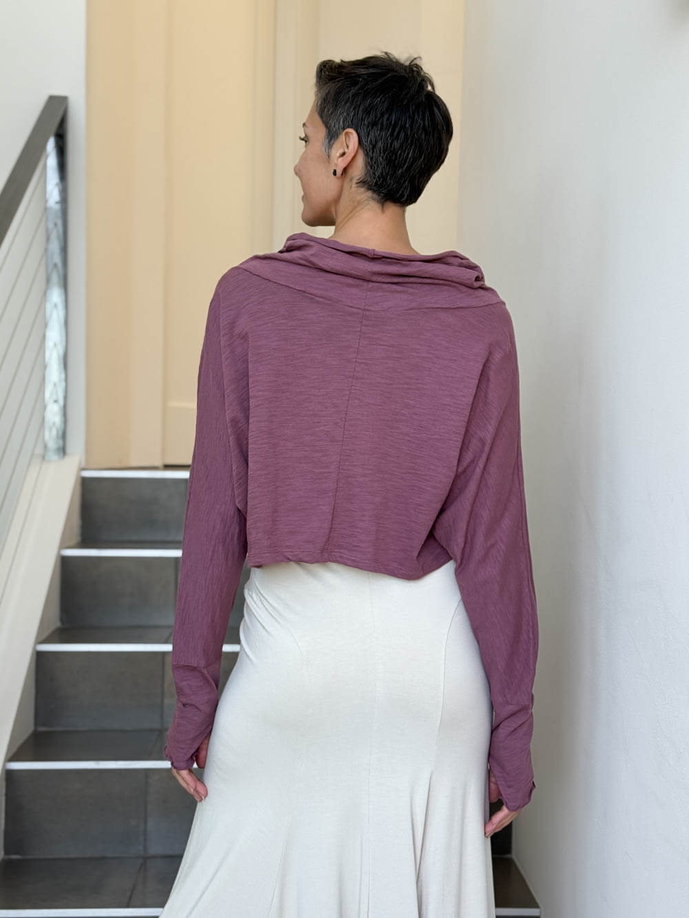 caraucci dusty rose cotton long dolman sleeve cowl neck cropped top #color_mangosteen