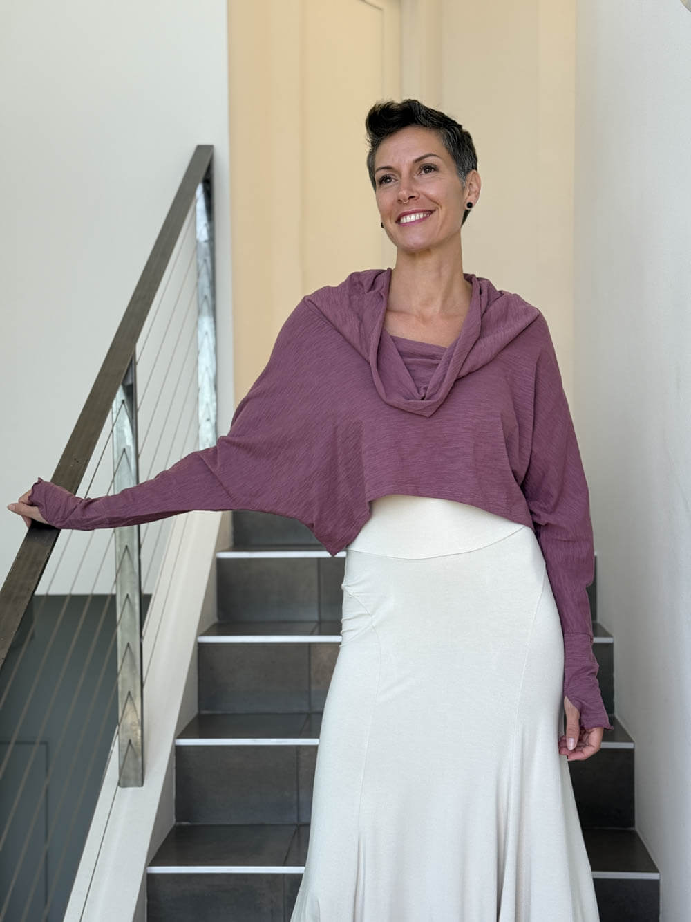 caraucci dusty rose cotton long dolman sleeve cowl neck cropped top #color_mangosteen