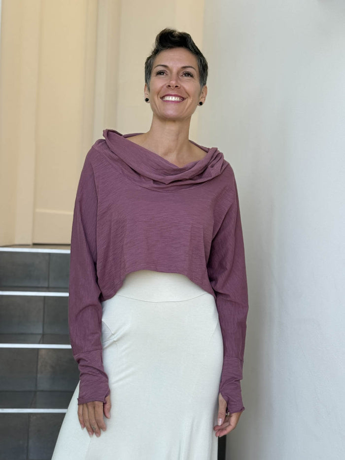 caraucci dusty rose cotton long dolman sleeve cowl neck cropped top #color_mangosteen