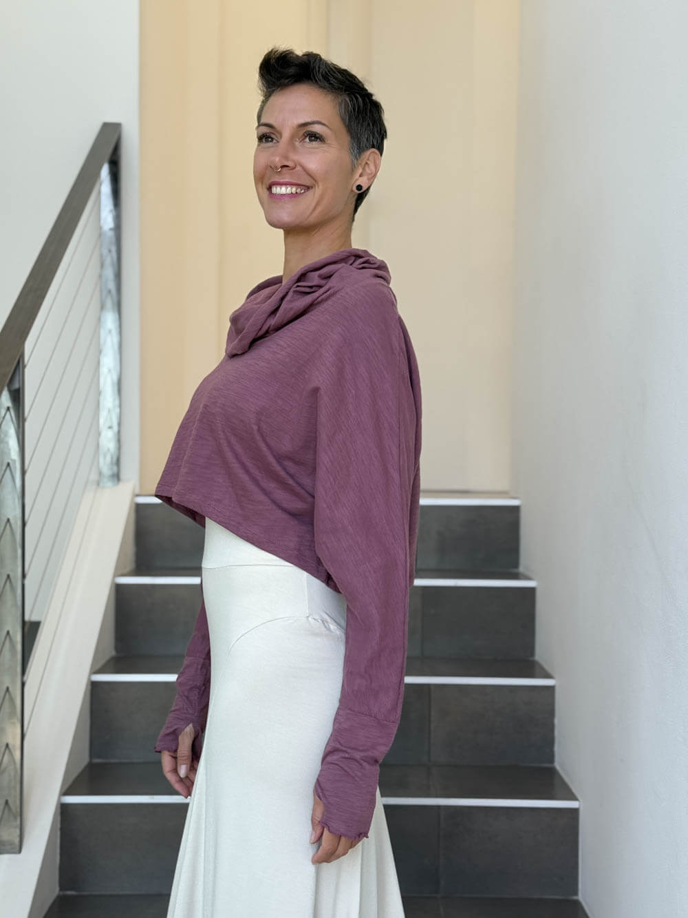 caraucci dusty rose cotton long dolman sleeve cowl neck cropped top #color_mangosteen
