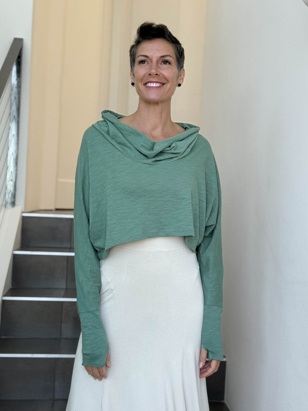 caraucci sage green cotton long dolman sleeve cowl neck cropped top #color_matcha