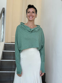 caraucci sage green cotton long dolman sleeve cowl neck cropped top #color_matcha
