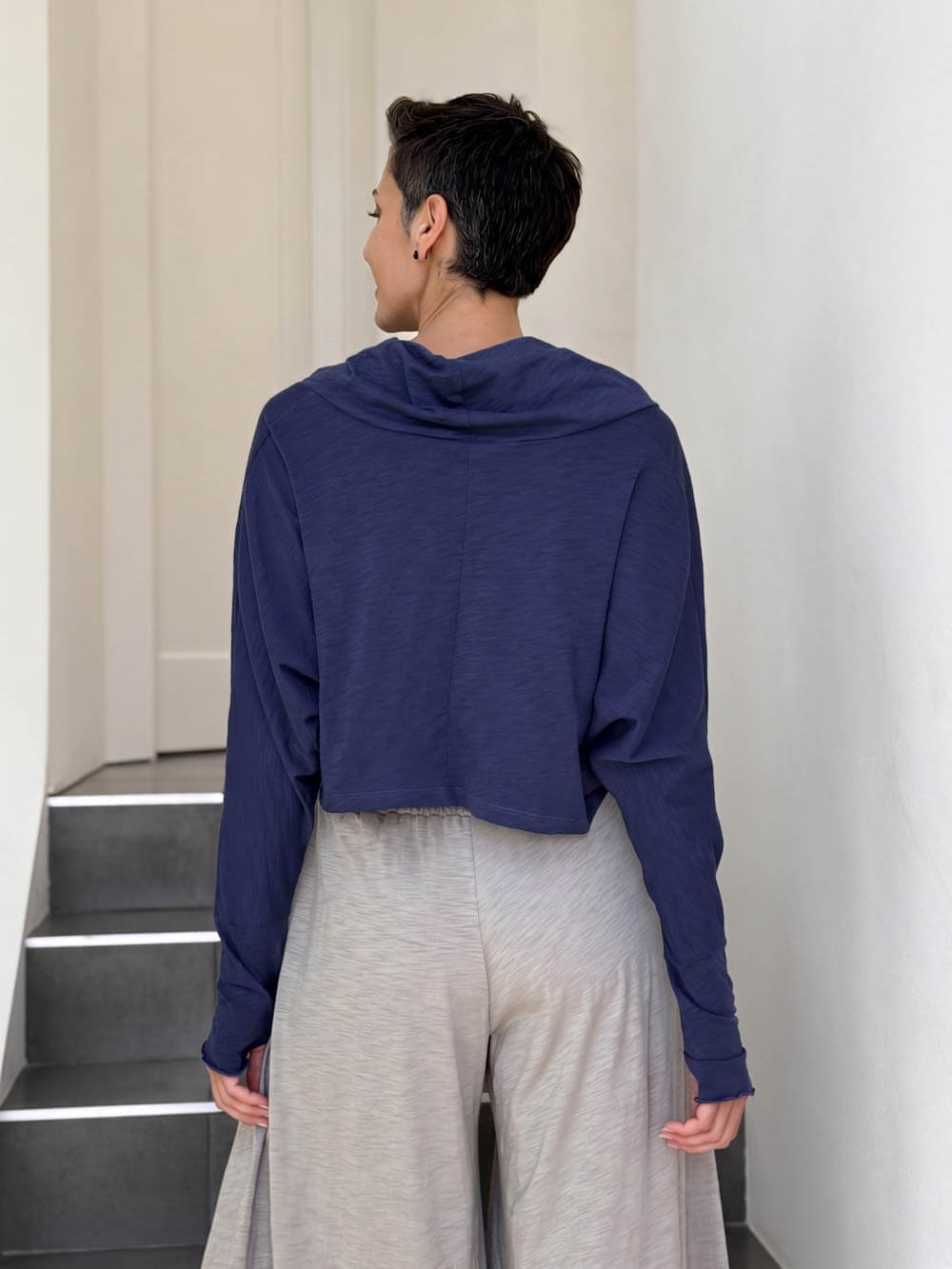 caraucci navy blue cotton long dolman sleeve cowl neck cropped top #color_midnight