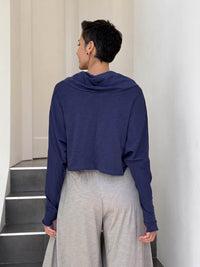 caraucci navy blue cotton long dolman sleeve cowl neck cropped top #color_midnight
