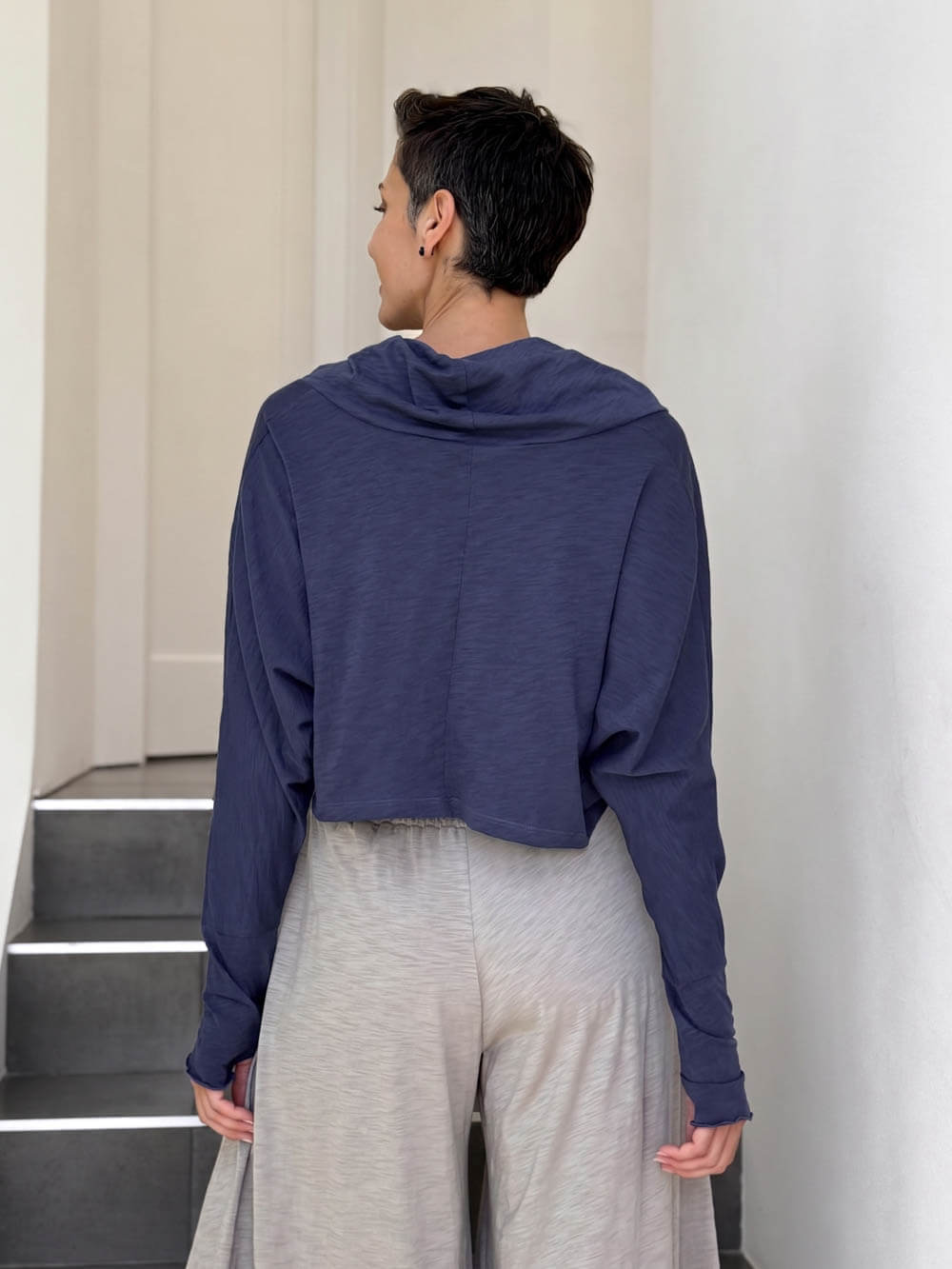 caraucci navy blue cotton long dolman sleeve cowl neck cropped top #color_midnight