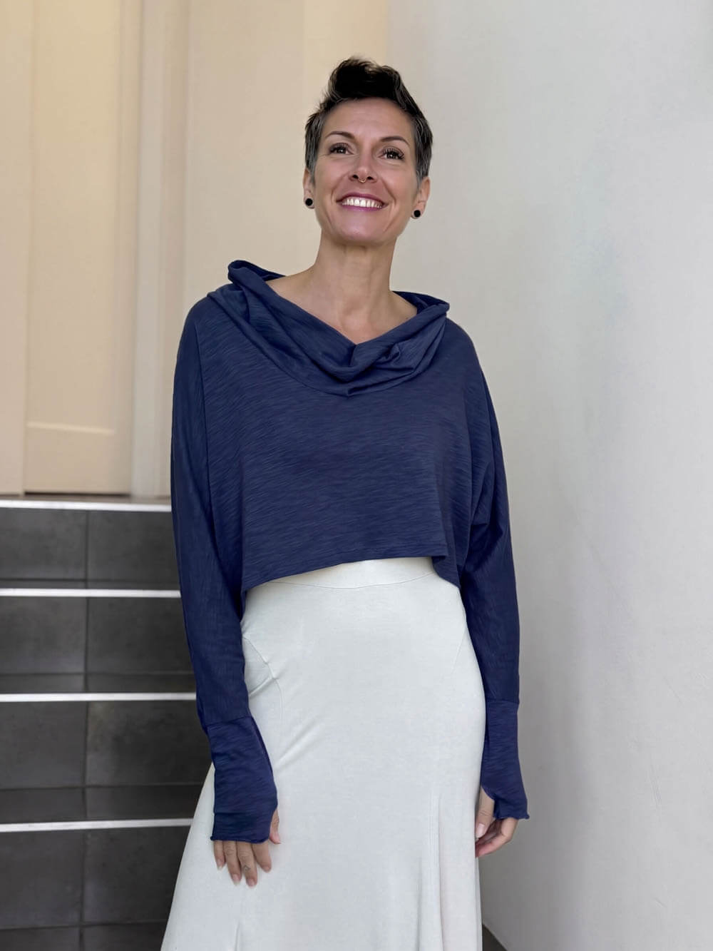 caraucci navy blue cotton long dolman sleeve cowl neck cropped top #color_midnight