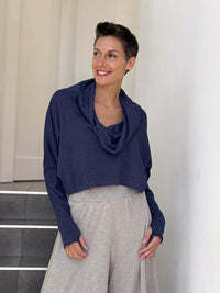 caraucci navy blue cotton long dolman sleeve cowl neck cropped top #color_midnight