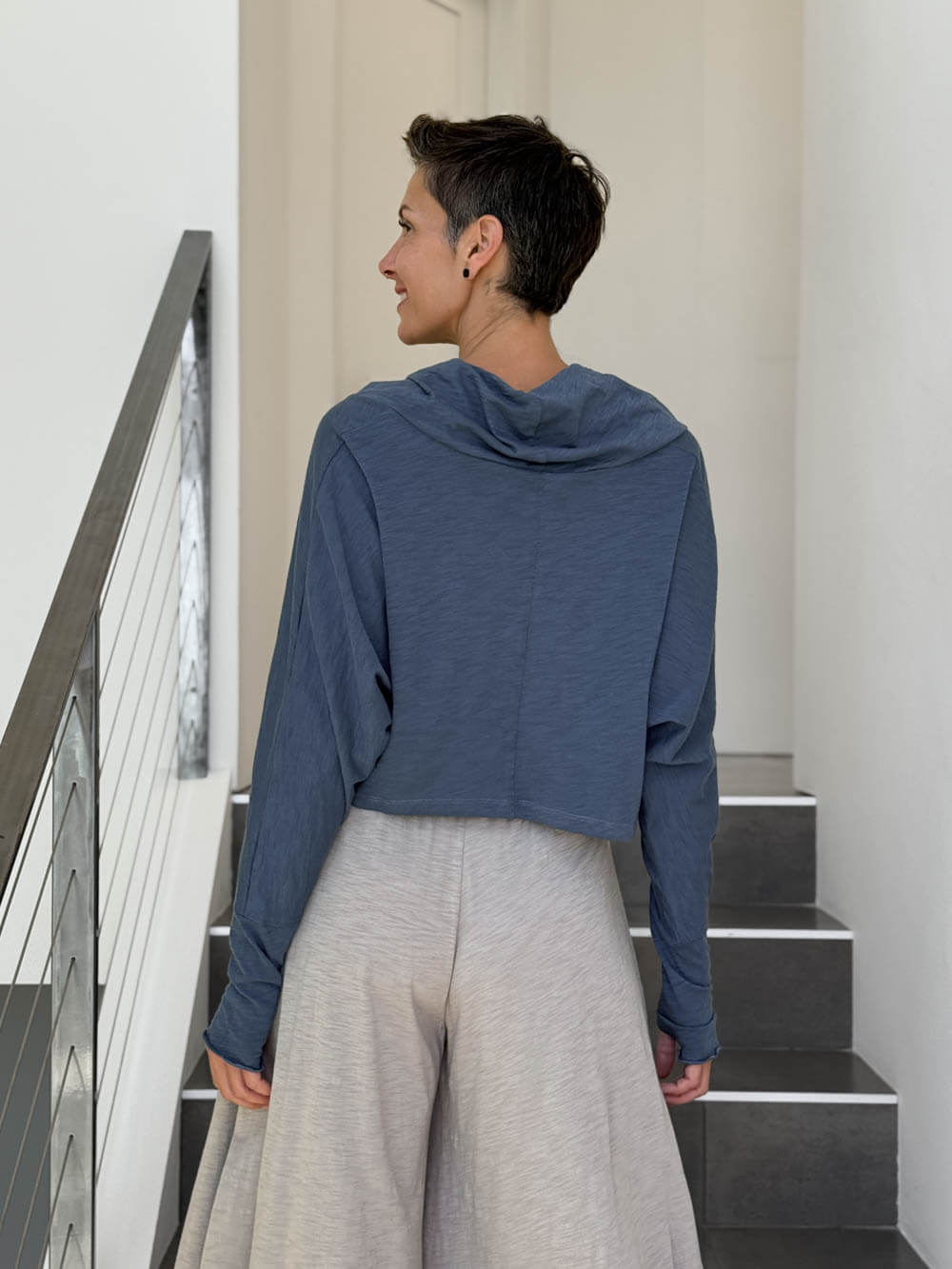 caraucci denim blue cotton long dolman sleeve cowl neck cropped top #color_pacific