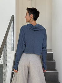 caraucci denim blue cotton long dolman sleeve cowl neck cropped top #color_pacific