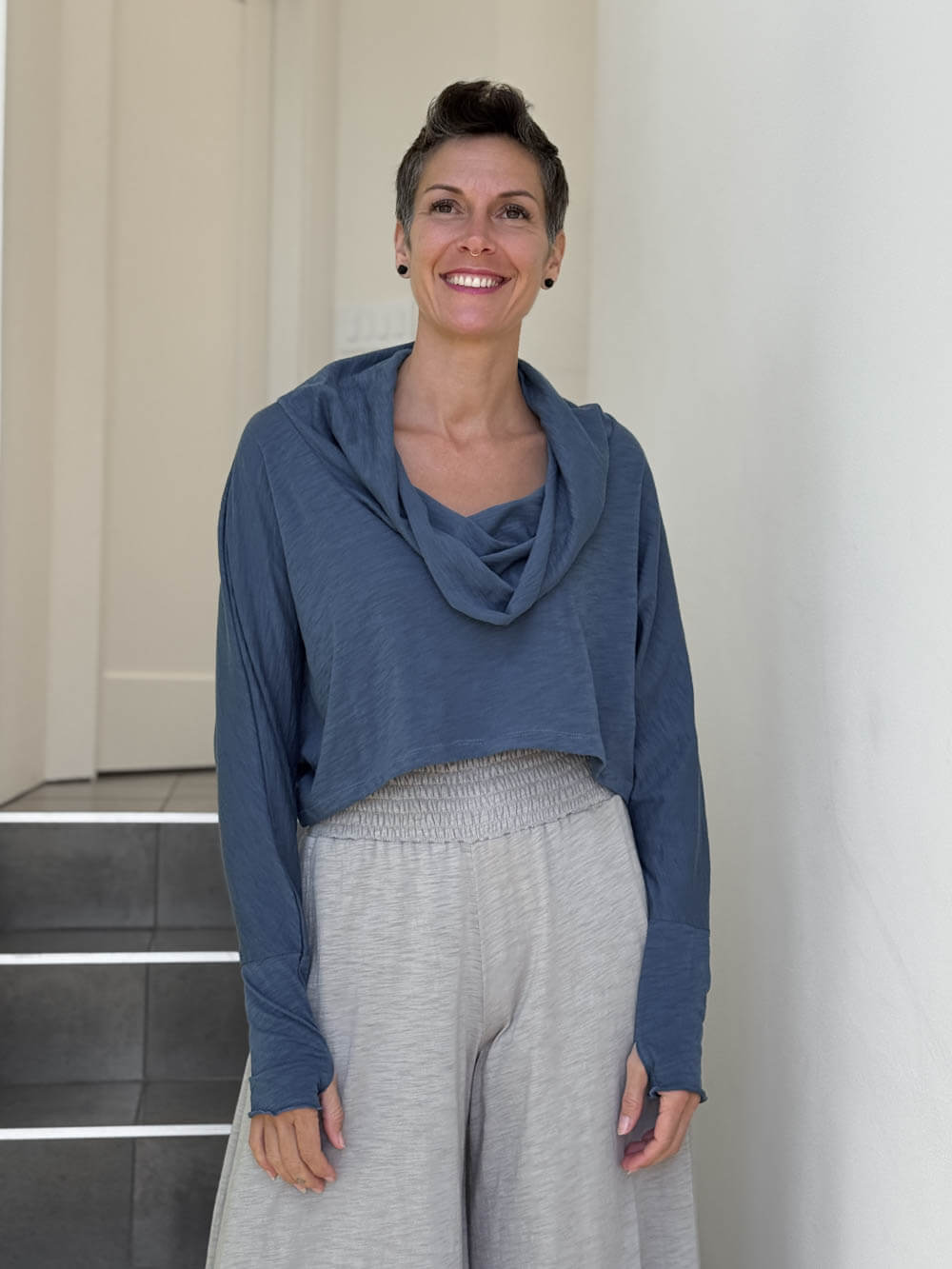 caraucci denim blue cotton long dolman sleeve cowl neck cropped top #color_pacific