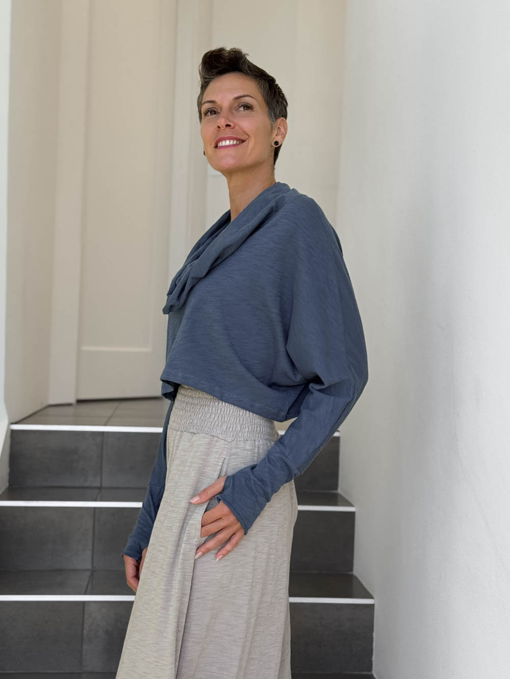 caraucci denim blue cotton long dolman sleeve cowl neck cropped top #color_pacific