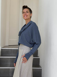 caraucci denim blue cotton long dolman sleeve cowl neck cropped top #color_pacific