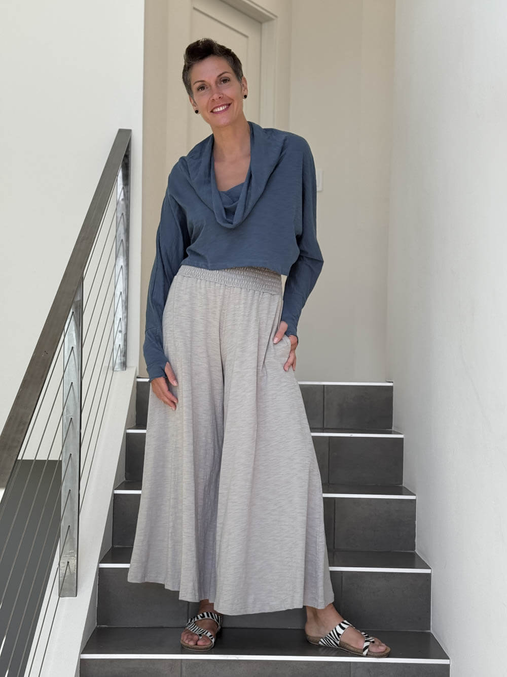 caraucci denim blue cotton long dolman sleeve cowl neck cropped top #color_pacific