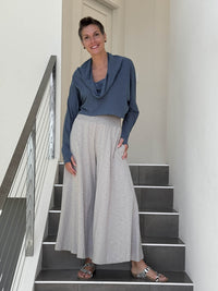 caraucci denim blue cotton long dolman sleeve cowl neck cropped top #color_pacific